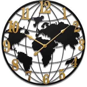 24inch World Map Metal Wall Clocks Morden Large Decorative Clock Oversized Farmhouse Decor,Non Ticking,Battery Operated