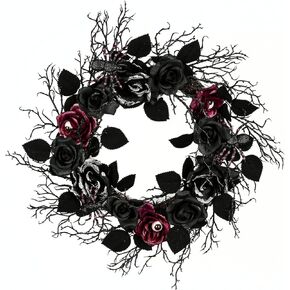 National Tree Company Artificial Spooky Wreath, Black, Decorated with Roses, Leaves, Thorny Branch Base, Halloween Collection, 22 Inches