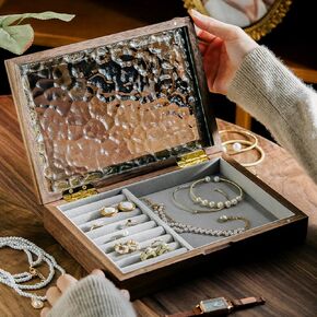 Wooden Vintage Glass Jewelry Box, Solid Wood Jewelry Storage, High-end Exquisite Jewelry Wooden Storage Box, Walnet Wood Box, Ideal Gift For Jewelry Lovers(Walnut)
