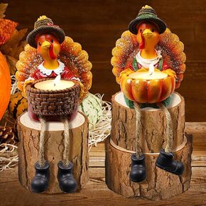 MorTime 2 Pack Thanksgiving Turkey Tealight Candle Holders, Resin Turkey Figurines Decor Autumn Harvest Tabletop Centerpiece for Table Kitchen Thanksgiving Decorations