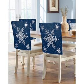 Navy Blue Snowflake Christmas Chair Back Covers for Dining Chairs 4 Pack, Washable Removable Chair Slipcover Back Chair Protector for Wedding Party Baby Shower White Winter Snowflake Xmas