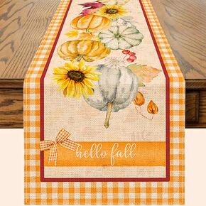 Fall Table Runner, Fall Runner, Hello Fall Pumpkins Gnomes Runners for Table 72 Inch Autumn Primitive Orange Buffalo Plaid Decor Small Table Runner Rug for Home Decorations Dining Room Kitchen
