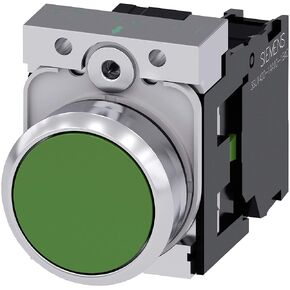 Siemens 3SU11500AB401BA0 Pushbutton Unit, 22 mm, Metal, Momentary, 1NO, Flush, Screw Terminal, Green