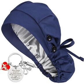 Satin Lined Scrub Cap for Women Ponytail Hair Surgical Nurse Cap 4 Buttons