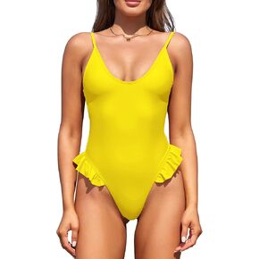 SHEKINI Women's Ruffle Thong One Piece Swimsuit U Neck Backless High Cut Bathing Suits