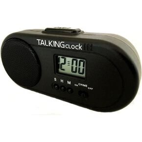 TALKING HUMAN VOICE ENGLISH SPEAKING BATTERY POWERED TRAVEL ALARM CLOCK. VERY LOUD, Very large 2.5" speaker. Hourly chime. Snooze Alarm. Three alarm sounds. Great for HEAVY SLEEPERS
