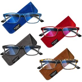 Madison Avenue 4 Pack Ultra Thin Lightweight Muticolor Blue Light Blocking Reading Glasses Women Men