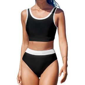 CUPSHE Women's Bikini Sets Two Piece Swimsuit Scoop Neck Color Block U Back Tank Top Wide Straps