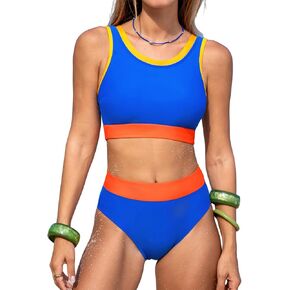 CUPSHE Women's Bikini Sets Two Piece Swimsuit Scoop Neck Color Block U Back Tank Top Wide Straps