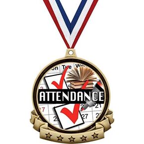 Attendance Medals - 2.5" Gold Perfect Attendance Medal Award Includes Red White and Blue Neck Ribbon, Great Attendance Awards Prime
