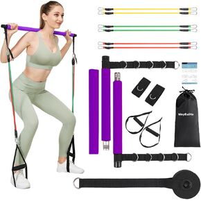 Pilates Bar Kit for Men and Women with Resistance Bands, Portable Home Gym Pilates Resistance Bar Kit, 3 Section Pilates Bar Workout Equipment with Stackable Bands