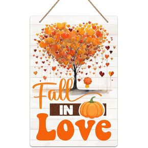 PETCEE Fall Decor Sign for Front Door 8"x12" Farmhouse Fall in Love Pumpkin Love Tree Hanging Plaque Welcome Autumn Door Hanger for Home Wall Art Outdoor Thanksgiving Fall Decorations