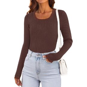 MEROKEETY Women's Long Sleeve Ribbed Knit Bodysuits Scoop Neck Slimming Fit Fall Trendy Sweater Tops