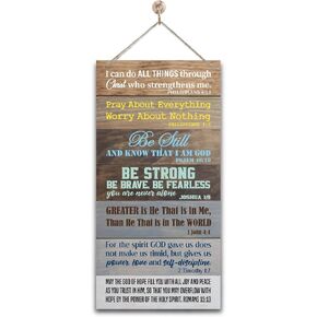 Christian Inspirational Wood Sign, Printed Wood Sign, Hanging Bible Verses Wood Wall Sign, Philippians 4:13, Philippians 4:6, Psalm 46:10, Joshua 1:9, 1 John 4:4 Romans 15:13 Ect, Christian Gift
