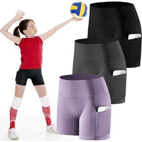 3 Pcs Volleyball Bike Shorts for Girls 4" Spandex Compression Shorts with Pocket for Athletic Gymnastics Running