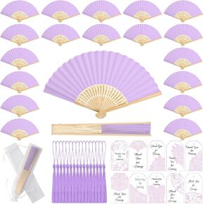 Marsui 100 Set Folding Fans Wedding Fans Bamboo Hand Held Sandalwood Fans with Thank You Cards, Tassels and Gift Bags for Wedding Guests Party Favors Bridal Shower Church Decoration (Light Blue)
