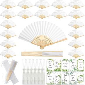 Marsui 100 Set Folding Fans Wedding Fans Bamboo Hand Held Sandalwood Fans with Thank You Cards, Tassels and Gift Bags for Wedding Guests Party Favors Bridal Shower Church Decoration (Light Blue)
