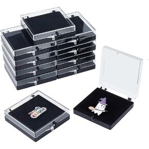 NBEADS 12 Pcs Gift Box for Pin, Black Square Badge Gemstone Display Box with Tray Mini Jewelry Box Container Plastic Show Case Storage Box Holder for Badge Pins Coin Gems Jewelry, 2.7x2.7x0.7inch