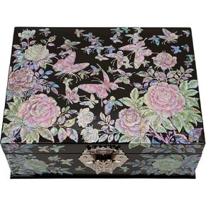 February Mountain Mother of Pearl Jewelry Box Two Layer Jewelry Organizer for Earring, Ring, Necklace, Bracelets, Watch Gifts for Her (Birds with Apricot flower)