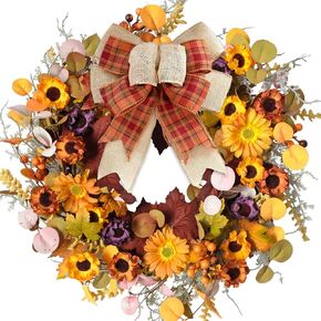 Fall Wreaths for Front Door, Autumn Wreath with Plaid Bow Sunflower Purple Flower Daisy and Eucalyptus, for Halloween Thanksgiving Harvest Farmhouse Indoor Outdoor Outside
