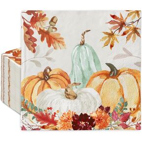 AnyDesign 50Pcs Fall Paper napkin Watercolor Floral Pumpkin Maple Leaves Luncheon Napkins Autumn Dessert Dinner Hand Napkin for Thanksgiving Party Supplies, 6.5 x 6.5 inch