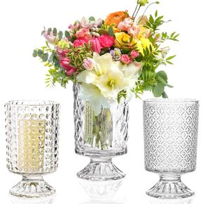 Set of 3 Clear Vases for Flowers, Wide Mouth Glass Vase for Centerpieces, 7'' Tall Embossed Pedestal Vase Cylinder Hurricane Candle Holder for Table, Wedding, Room Decor