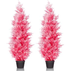 Artificial Cedar Tree 2Pack 4ft Outdoor Artificial Topiary Cedar Plants Fake Tree UV Rated Potted Plants for Porch Decor Faux Pine Tree for Perfect Housewarming Gift（Pink）