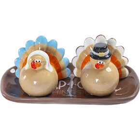 The Bridge Collection Pair of Pilgrim Turkeys Salt and Pepper Shaker Set - 3 Piece Set - Thanksgiving Kitchen Items - Fun Salt and Pepper Shakers for Autumn Decor