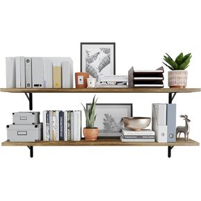 Wallniture Forme 60"x10" Floating Shelves for Wall Decor, Rustic Wall Bookshelf, Wall Shelves for Living Room Decor, Office Floating Shelf, Wall Shelf Set of 2, Kitchen Pantry Room, Burnt, Wood