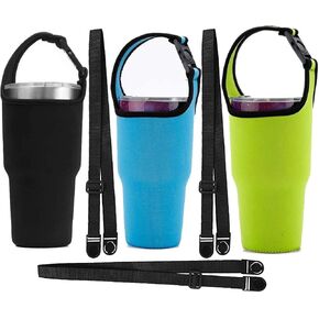 3 PackTumbler 30oz Carrier Holder Pouch with Shoulder Strap for YETI, Rtic, Atlin, Ozark Trail, Rambler 30 oz Insulated Tumbler Coffee Cup, Neoprene Sleeve with Carrying Handle - Black Blue Green