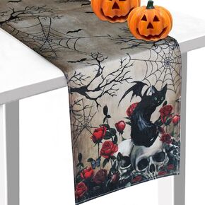 Halloween Table Runner, 13x72 Halloween Runner for Dinning Table, Skull Rose Black Cat Bat Kitchen Decor for Home Party Indoor Outdoor