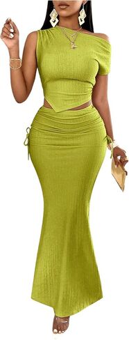 GORGLITTER Women's 2 Piece Skirt Set Ruched One Shoulder Crop Top High Waisted Drawstring Side Fishtail Bodycon Maxi Skirts in Saudi Arabia