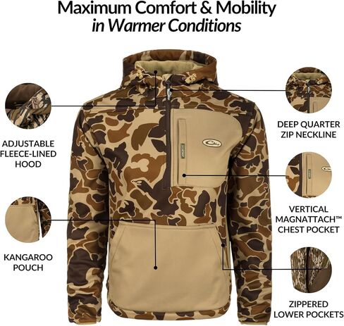 سترة Drake Waterfowl للرجال MST Endurance Hunting بغطاء للرأس مبطن بالصوف بسحاب ربع دافئ مع حقيبة كنغر وجيب صدر Magnattach، المدرسة القديمة، مقاس XX-Large in Saudi Arabia