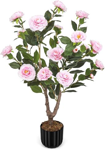 Artificial Camellia Tree for Indoor and Outdoor, Faux Flower Tree Plant in Pot Fake Topiaries for Home Front Porch Decor (2, Orange) in Kuwait