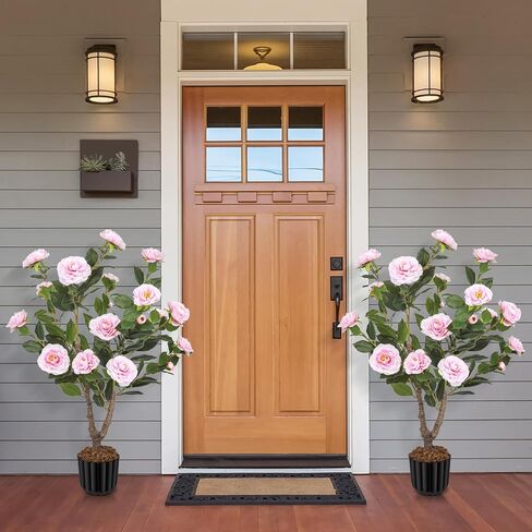 Artificial Camellia Tree for Indoor and Outdoor, Faux Flower Tree Plant in Pot Fake Topiaries for Home Front Porch Decor (2, Orange) in Kuwait