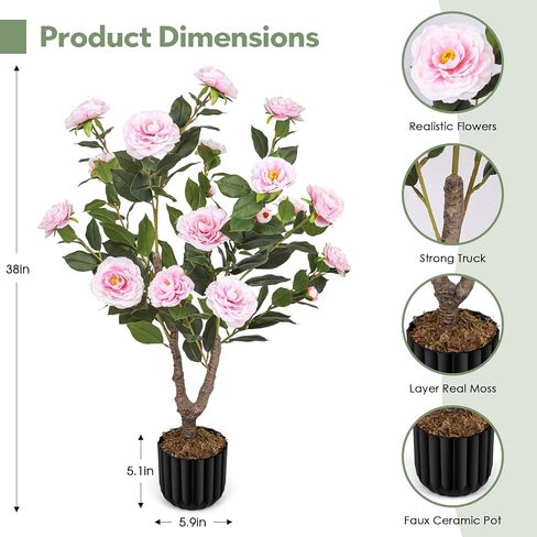 Artificial Camellia Tree for Indoor and Outdoor, Faux Flower Tree Plant in Pot Fake Topiaries for Home Front Porch Decor (2, Orange) in Kuwait