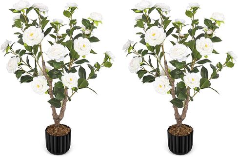 Artificial Camellia Tree for Indoor and Outdoor, Faux Flower Tree Plant in Pot Fake Topiaries for Home Front Porch Decor (2, Orange) in Kuwait