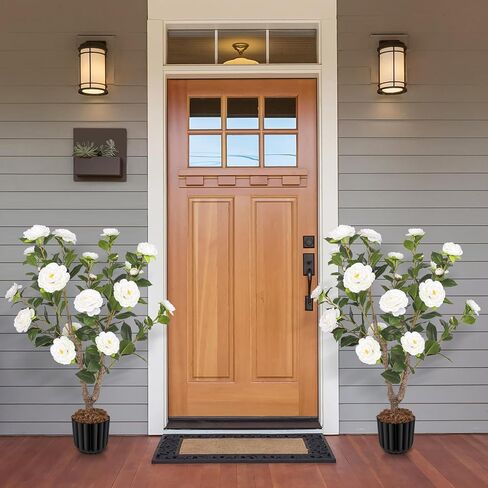 Artificial Camellia Tree for Indoor and Outdoor, Faux Flower Tree Plant in Pot Fake Topiaries for Home Front Porch Decor (2, Orange) in Kuwait