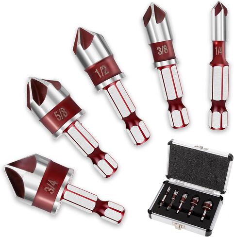 5Pcs Premium Countersink Drill Bit Set, 82 Degree 5 Flute HSS Hex Shank Countersink Drill Bit for Wood, Fiberboard, Plastic, Soft Metals, etc. Sizes 1/4", 3/8", 1/2", 5/8", 3/4", with Aluminum Case in Saudi Arabia