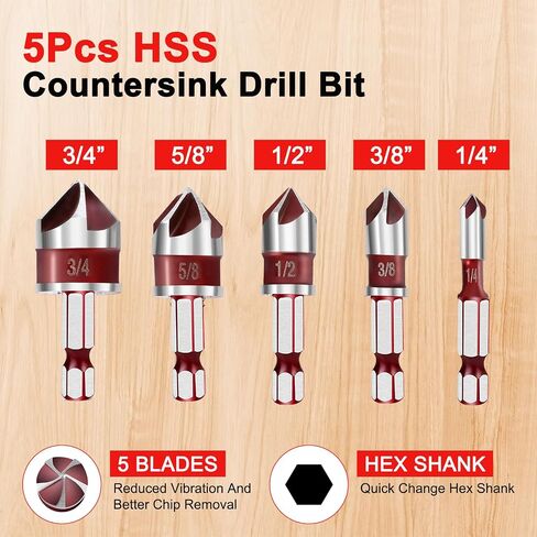 5Pcs Premium Countersink Drill Bit Set, 82 Degree 5 Flute HSS Hex Shank Countersink Drill Bit for Wood, Fiberboard, Plastic, Soft Metals, etc. Sizes 1/4", 3/8", 1/2", 5/8", 3/4", with Aluminum Case in Saudi Arabia