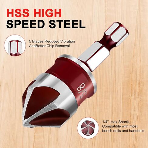 5Pcs Premium Countersink Drill Bit Set, 82 Degree 5 Flute HSS Hex Shank Countersink Drill Bit for Wood, Fiberboard, Plastic, Soft Metals, etc. Sizes 1/4", 3/8", 1/2", 5/8", 3/4", with Aluminum Case in Saudi Arabia