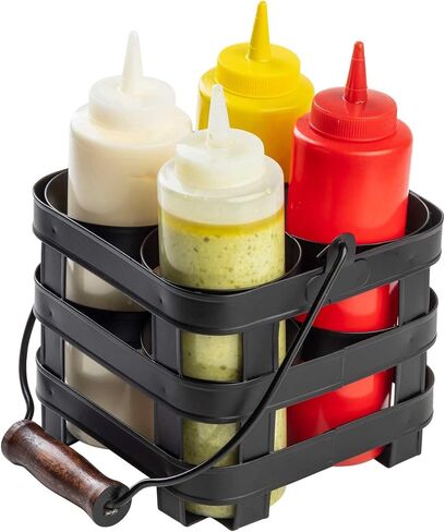 Tablecraft Forge Collection Condiment Caddy, Galvanized Black Steel Table Caddy with Mango Wood Handles, Rectangular Condiment Holder for (6) 63mm Bottles, Ideal for Professional Chefs and Restaurants in Saudi Arabia