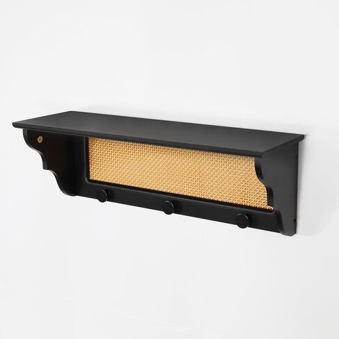 [PJ Collection] Rattan Wall Shelf with Hangers, Rattan Wall Shelf, Rattan Floating Wall Shelf, Wall Shelf with Hooks, Black Wall Shelf, Boho-Chic Wall Shelf, Handcrafted Rattan Wall Shelf in Saudi Arabia
