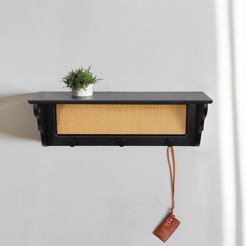 [PJ Collection] Rattan Wall Shelf with Hangers, Rattan Wall Shelf, Rattan Floating Wall Shelf, Wall Shelf with Hooks, Black Wall Shelf, Boho-Chic Wall Shelf, Handcrafted Rattan Wall Shelf in Saudi Arabia