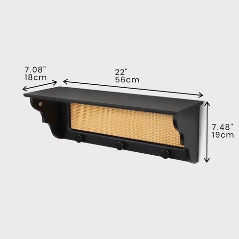 [PJ Collection] Rattan Wall Shelf with Hangers, Rattan Wall Shelf, Rattan Floating Wall Shelf, Wall Shelf with Hooks, Black Wall Shelf, Boho-Chic Wall Shelf, Handcrafted Rattan Wall Shelf in Saudi Arabia