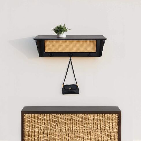[PJ Collection] Rattan Wall Shelf with Hangers, Rattan Wall Shelf, Rattan Floating Wall Shelf, Wall Shelf with Hooks, Black Wall Shelf, Boho-Chic Wall Shelf, Handcrafted Rattan Wall Shelf in Saudi Arabia