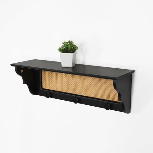 [PJ Collection] Rattan Wall Shelf with Hangers, Rattan Wall Shelf, Rattan Floating Wall Shelf, Wall Shelf with Hooks, Black Wall Shelf, Boho-Chic Wall Shelf, Handcrafted Rattan Wall Shelf in Saudi Arabia