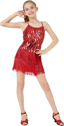 LOLANTA 2Pcs Girls Sequin Fringe Dress, Salsa Cha Cha Tassel Latin Dance Dress & Shorts, Adjustable Spaghetti Strap 5-13 Yrs in Kuwait