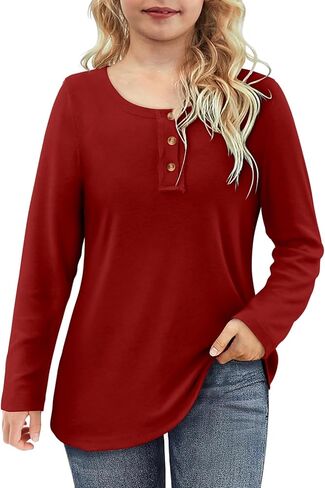 storeofbaby Girls Long Sleeve Shirts Casual Crew Neck Tops Solid Button Blouses 5-14 Years in Kuwait