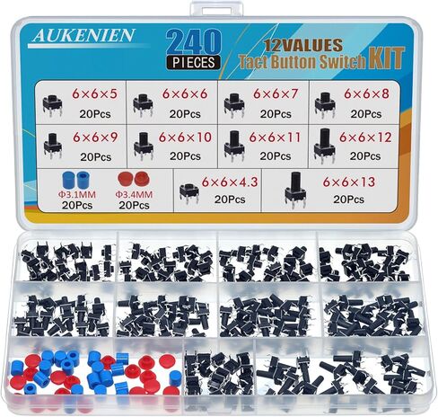 AUKENIEN 12 قيم 240 قطعة مجموعة متنوعة من مفاتيح الضغط على زر اللمس المؤقتة 6 مم × 6 مم 4 دبوس أزرار اللباقة الدقيقة مفاتيح الدائرة وغطاء زر الضغط in Kuwait